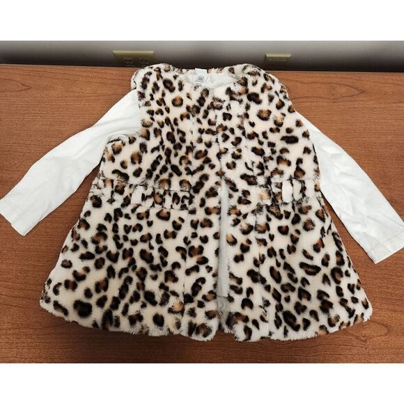 💕Little Me 4T Set, white long sleeved top  faux fur leapord print vest (S) - Picture 1 of 6